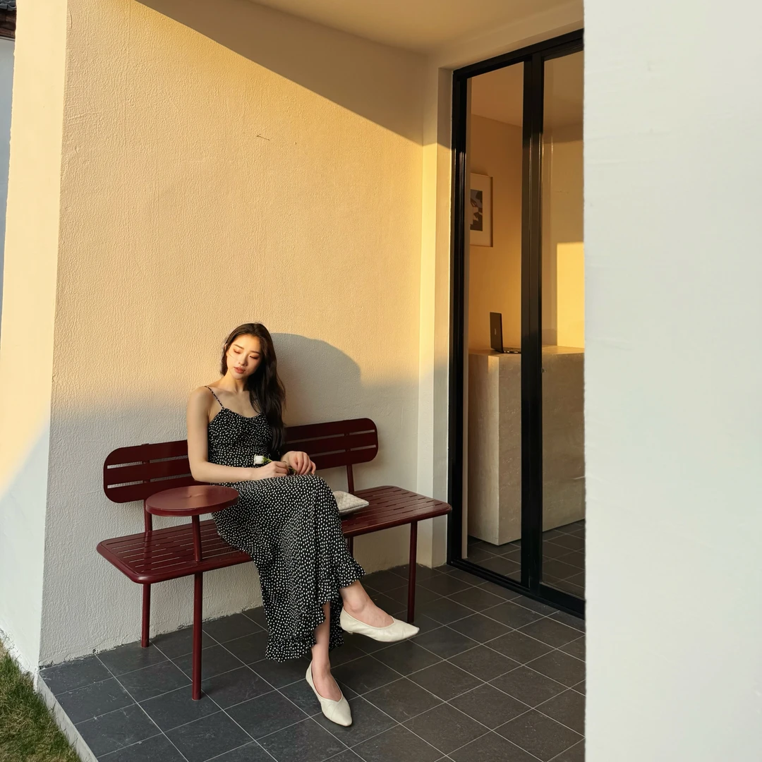 euri100桑蚕丝丨真丝双绉波点印花显瘦吊带A字连衣裙-MY5741