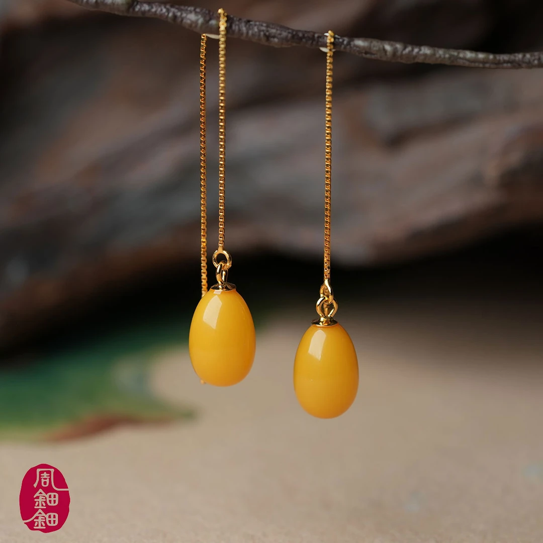 周钿钿®|晚秋|天然蜜蜡S925银设计款耳线