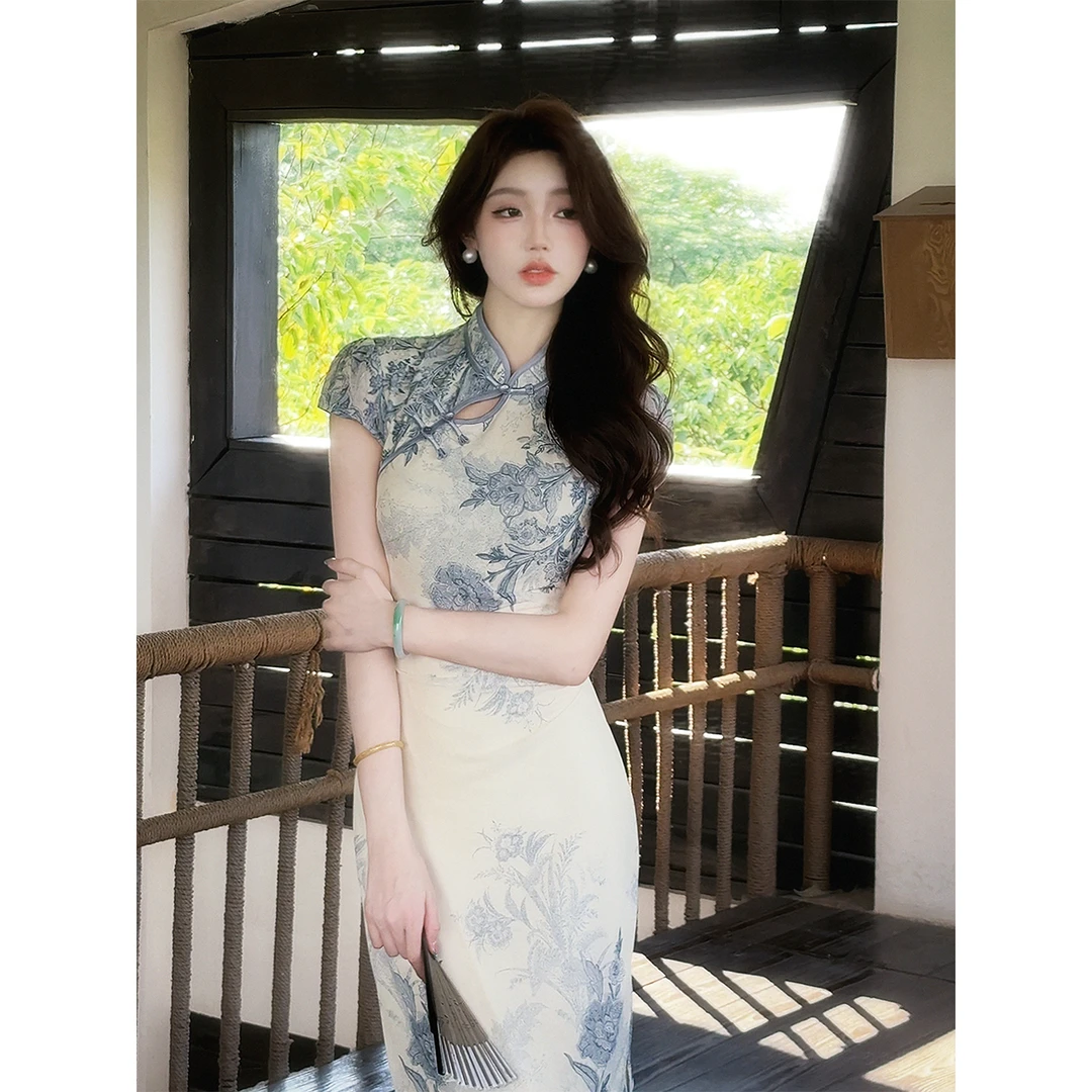 凌茜恣禾【青花瓷】杏印花裙温婉优雅收腰显瘦气质高级感旗袍连衣裙