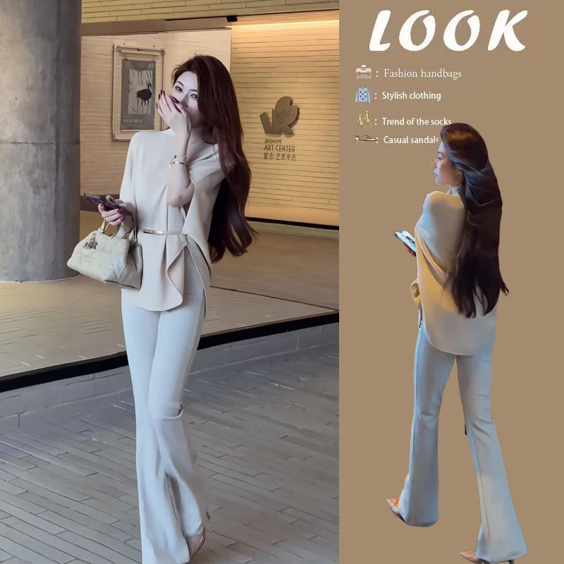 春季穿搭一整套2025新款韩版时尚半高领气质上衣微喇叭长裤两件套