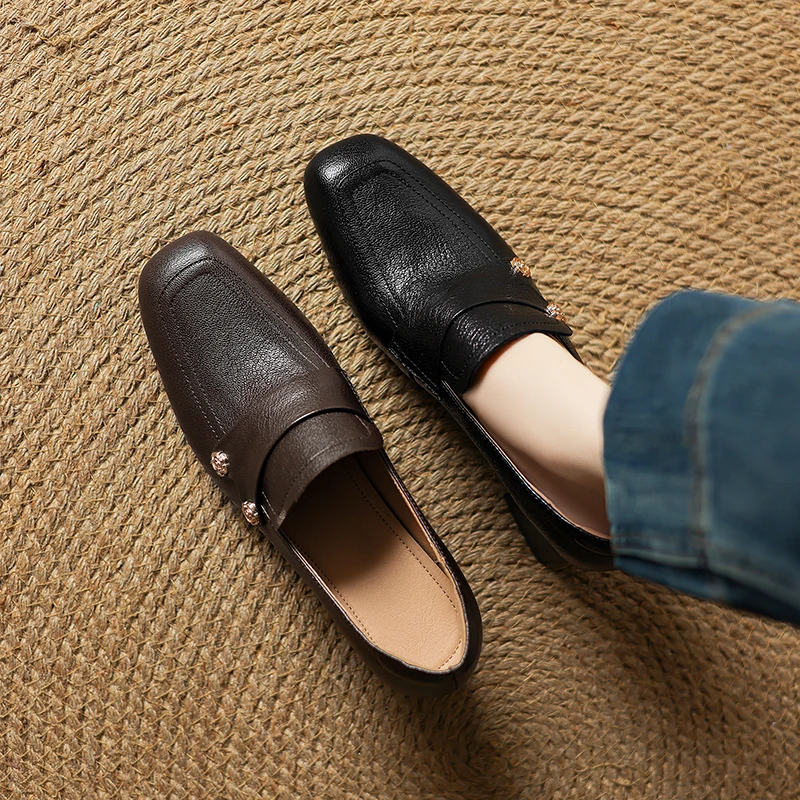 6CM，头层羊皮法式高跟鞋粗跟方头单鞋软底大码秋季休法式粗跟羊皮