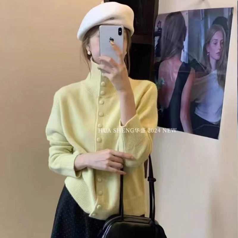 高领针织开衫女2025秋冬季新款复古韩系慵懒风高级感加厚毛衣外套