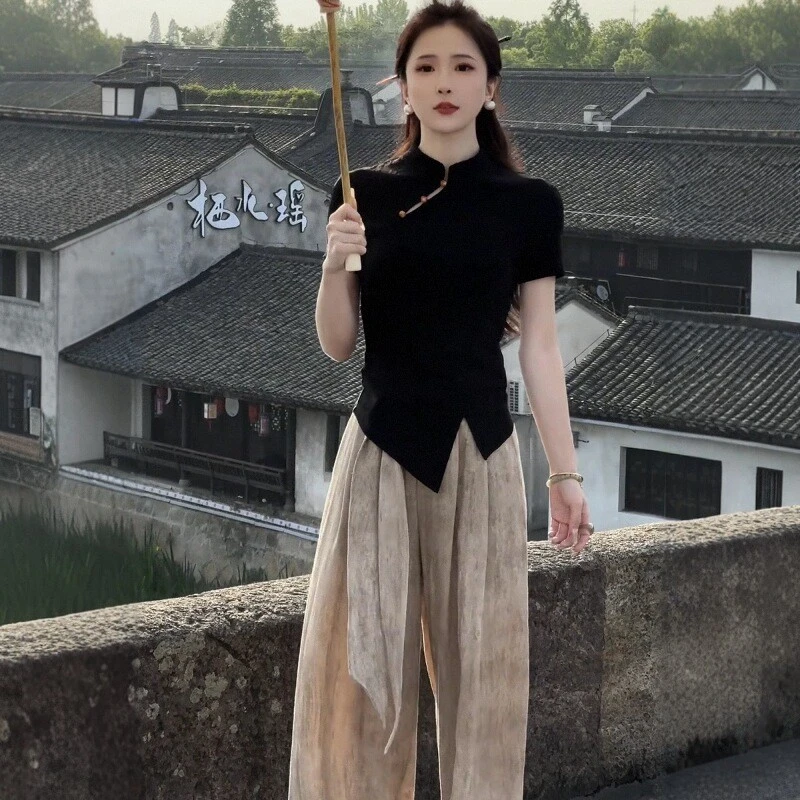 2025夏季新款新中式国风套装女盘扣立领短袖上衣搭阔腿裤两件套