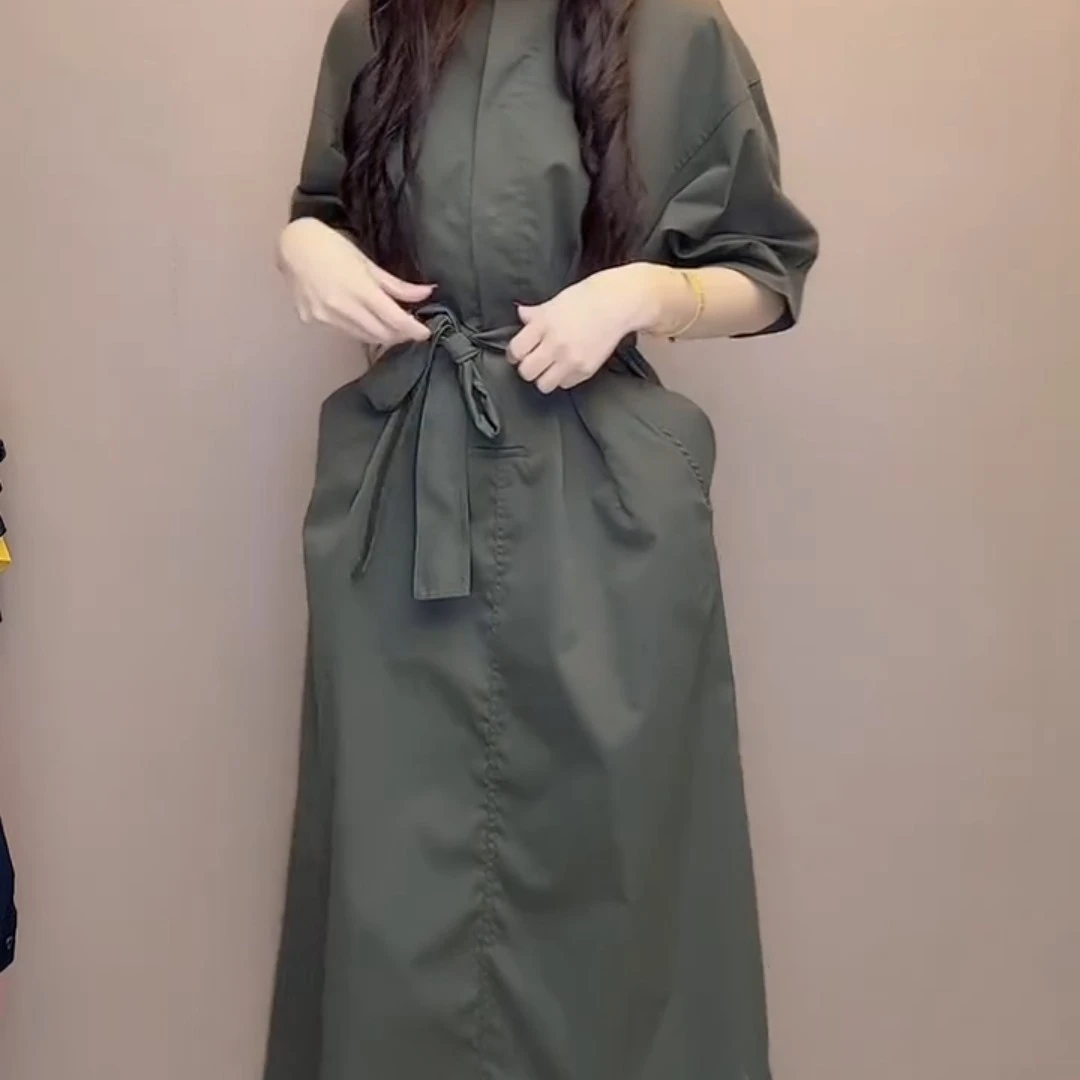 设计感宽松系带收腰中袖气质显瘦百搭洋气夏季连衣裙长裙裙子