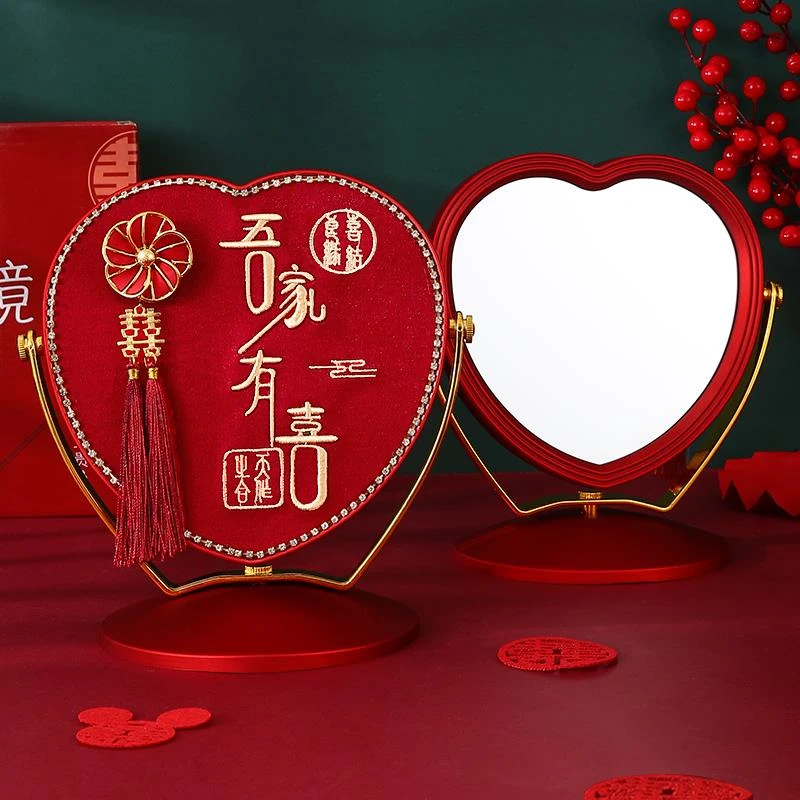 结婚陪嫁化妆镜子一对流苏红色新娘出嫁喜镜女方备婚婚庆用品大全