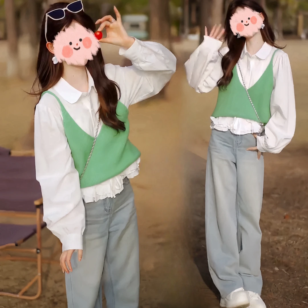 早春韩系多胺巴穿搭无袖针织背心马甲洋气减龄荷叶边衬衫显瘦百搭