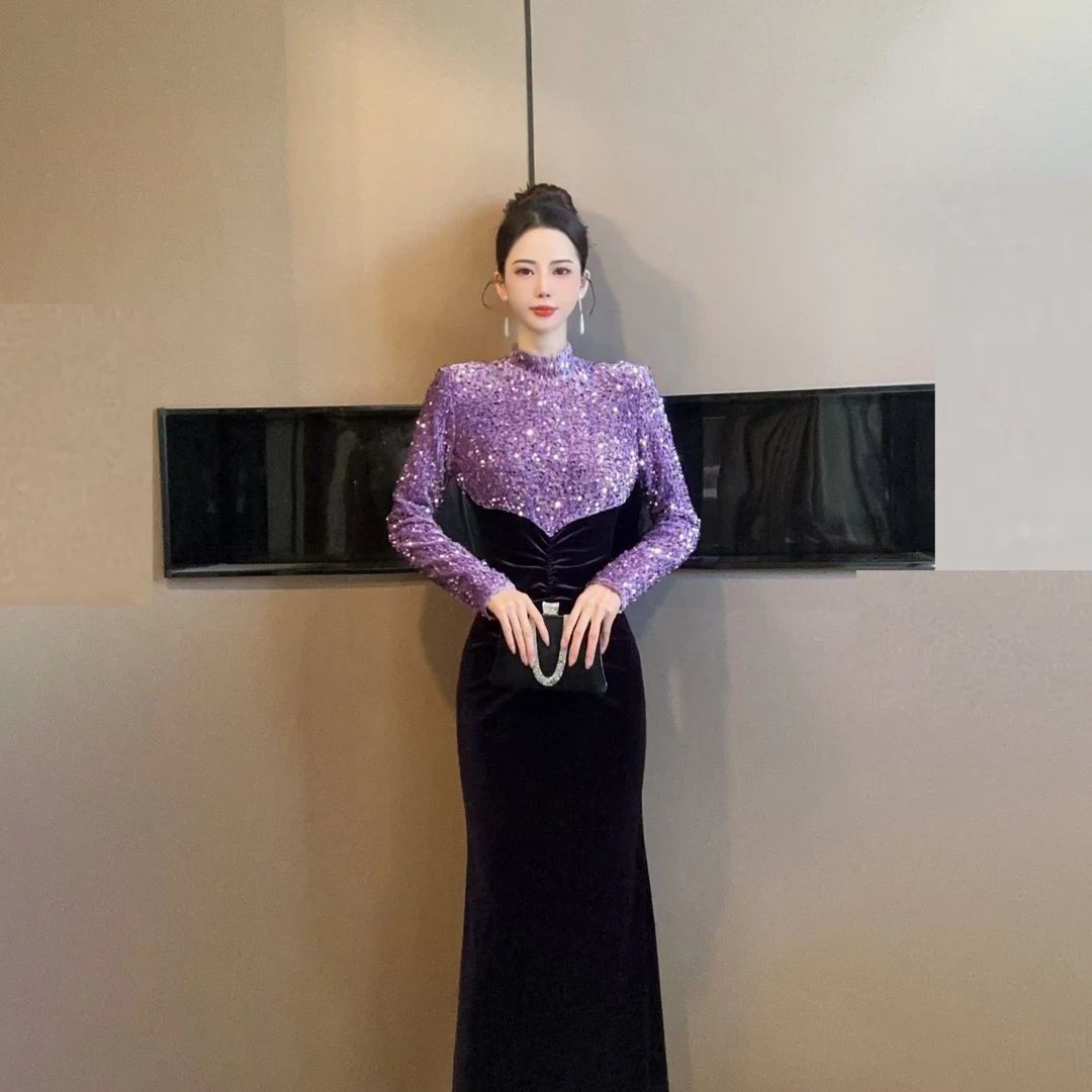 【设计师定制】新款秋冬气质收腰拼接亮片优雅连衣裙21595