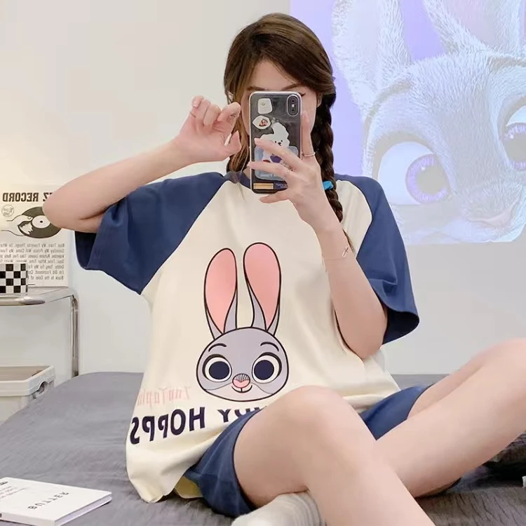 夏季女士可爱卡通印花短袖宽松短裤套装家居服可外穿舒爽透气睡衣