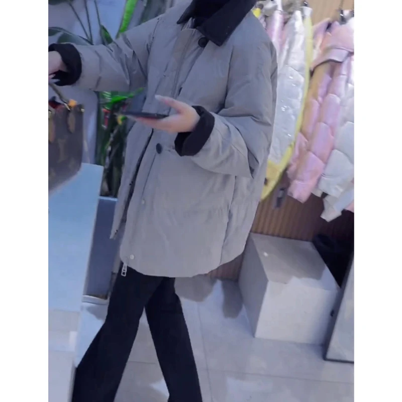 质感牛角扣棉服外套2025冬季撞色领中长蓬松保暖通勤出街高级风