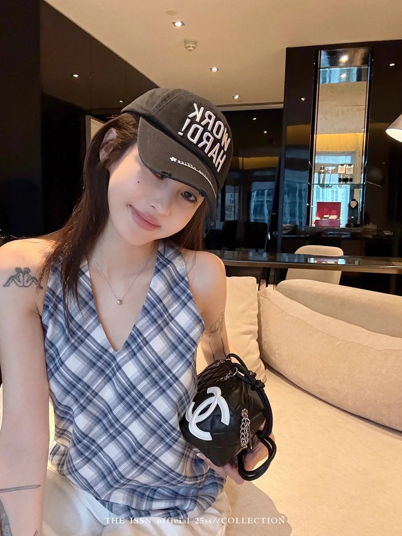 休闲V领格子绑带无袖背心女夏季2025新款韩系设计感修身显瘦上衣