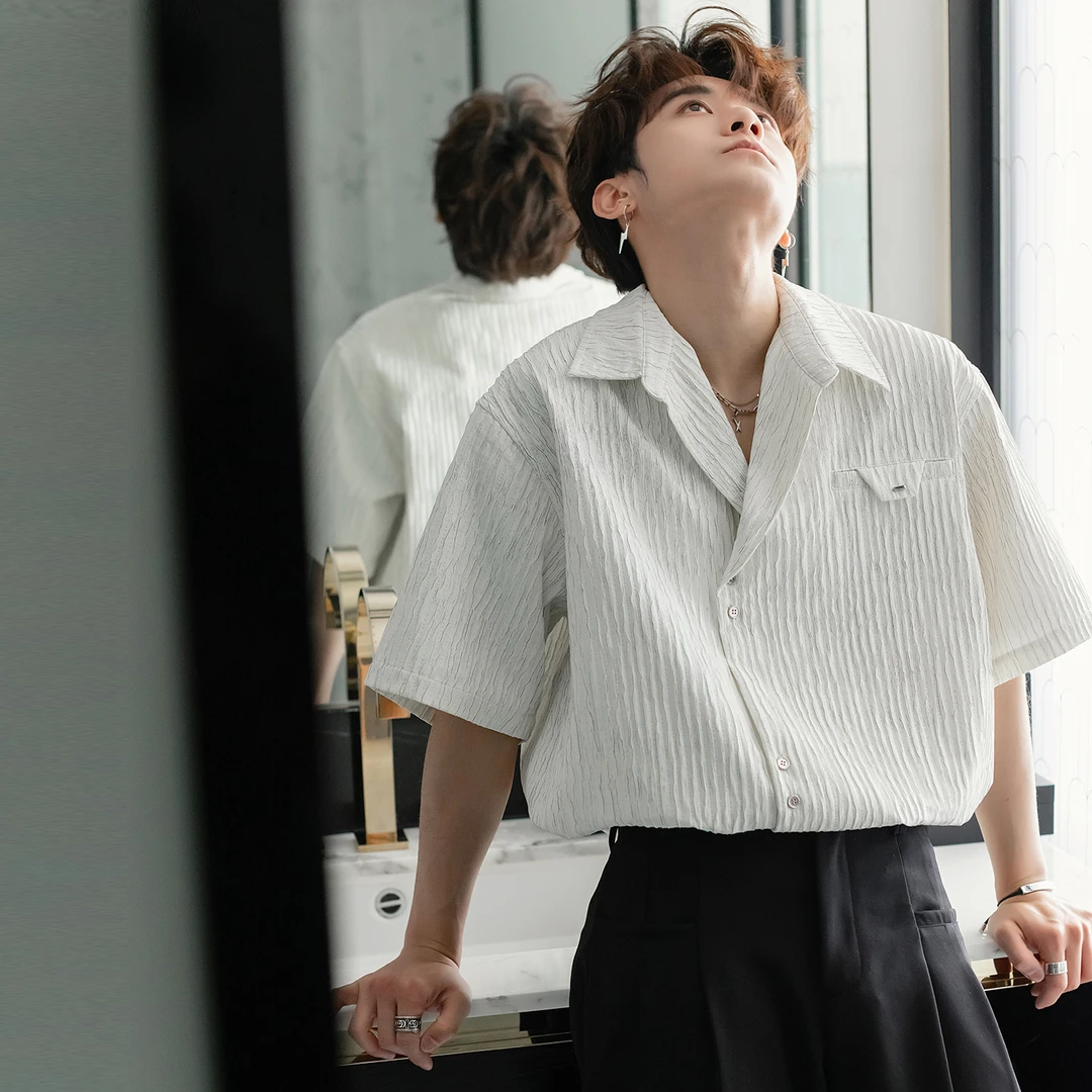 CHICERRO西西里男装高级感V领复古立体肌理感褶皱短袖衬衫上衣潮