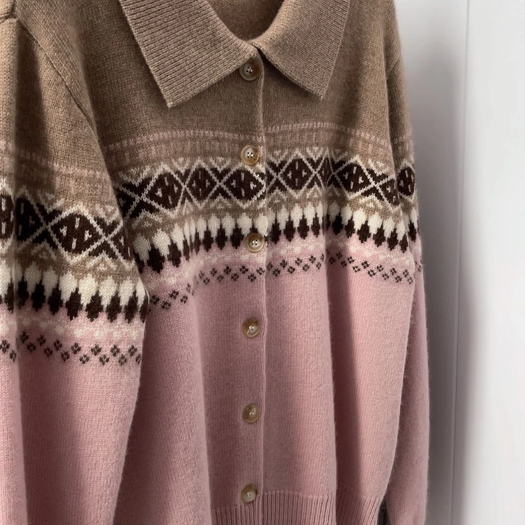 粉色 Polo领菲尔岛 羊绒开衫