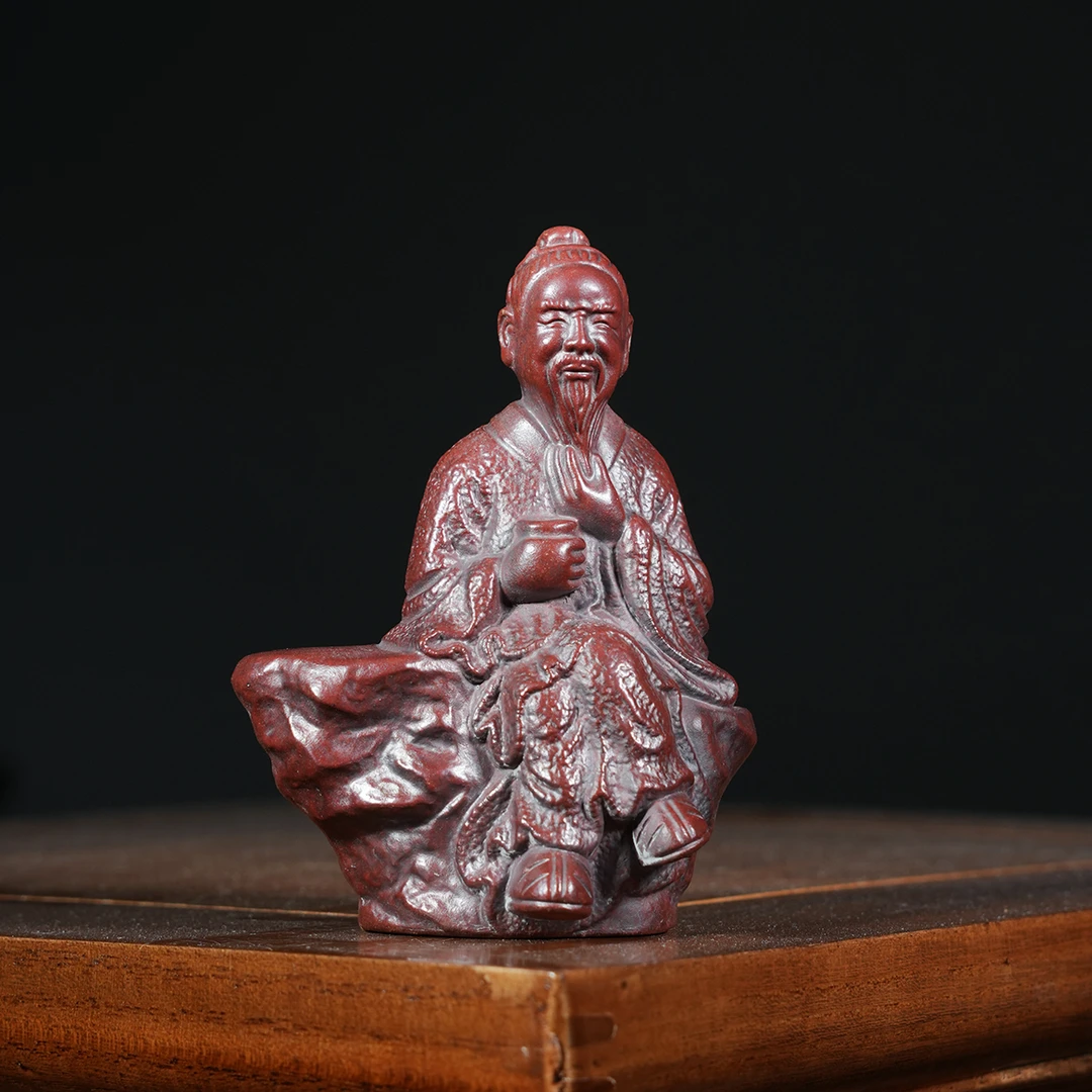 宜兴原矿高温石红料刻雕塑《茶圣》陆羽紫砂手工茶宠茶玩茶道摆件