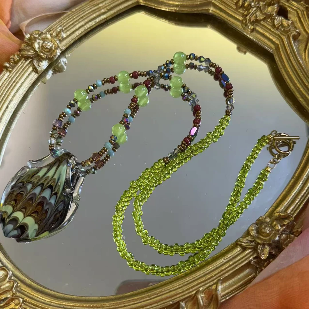 合金项链 LZ3256 绿色条纹波浪树叶吊牌绿色小米珠琉璃项链