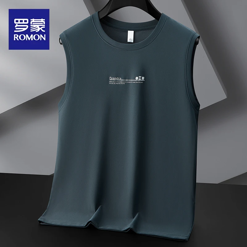 罗蒙夏季薄款冰丝无袖背心男款宽松圆领健身运动坎肩短袖T恤男士