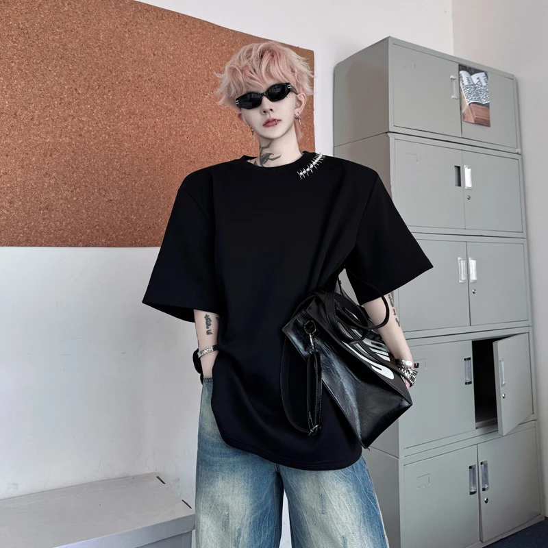 夏季暗黑系炸街重磅垫肩短袖T恤男小众手工钉珠设计感痞帅半袖t潮
