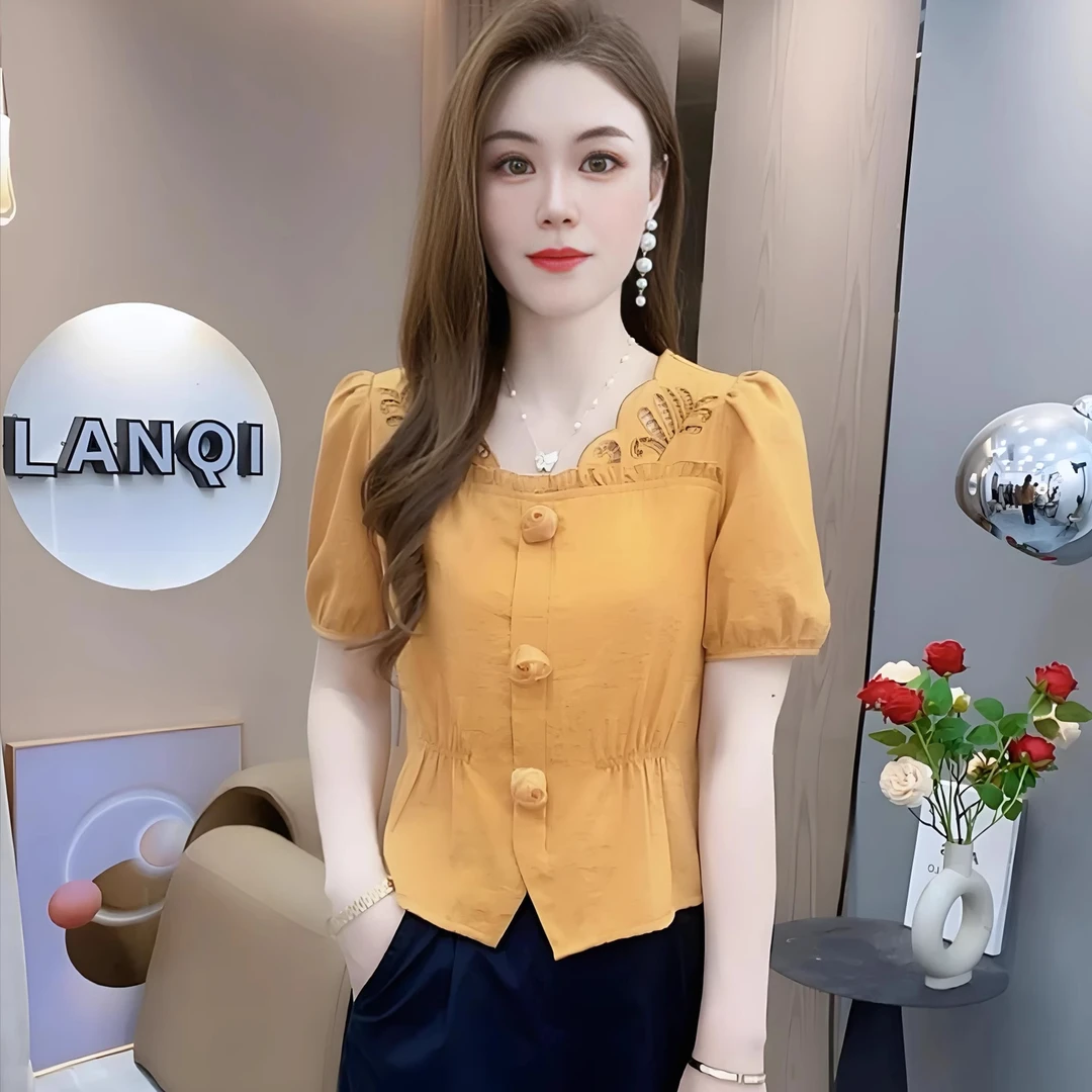 时尚洋气短袖衬衫女2025夏季新款设计感镂空显瘦遮肉短款衬衣小衫