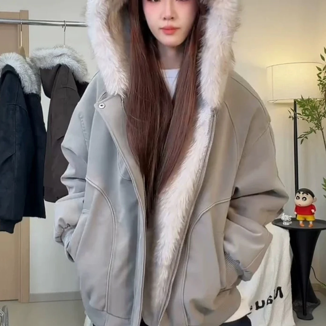9510 美式毛领皮衣连帽冬季pu棉服A21-3