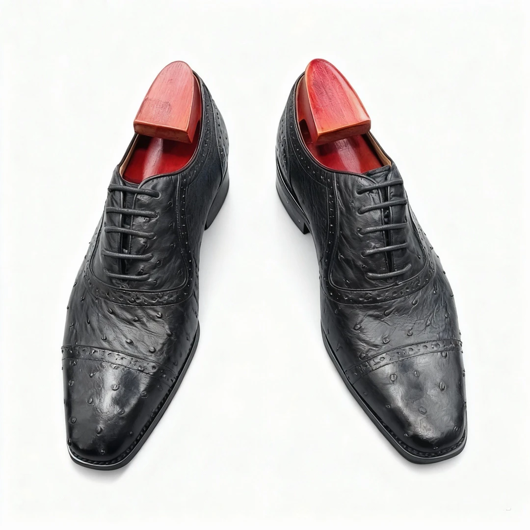 真皮全鸵鸟皮男士方头商务系带经典英伦风时尚牛津鞋皮鞋