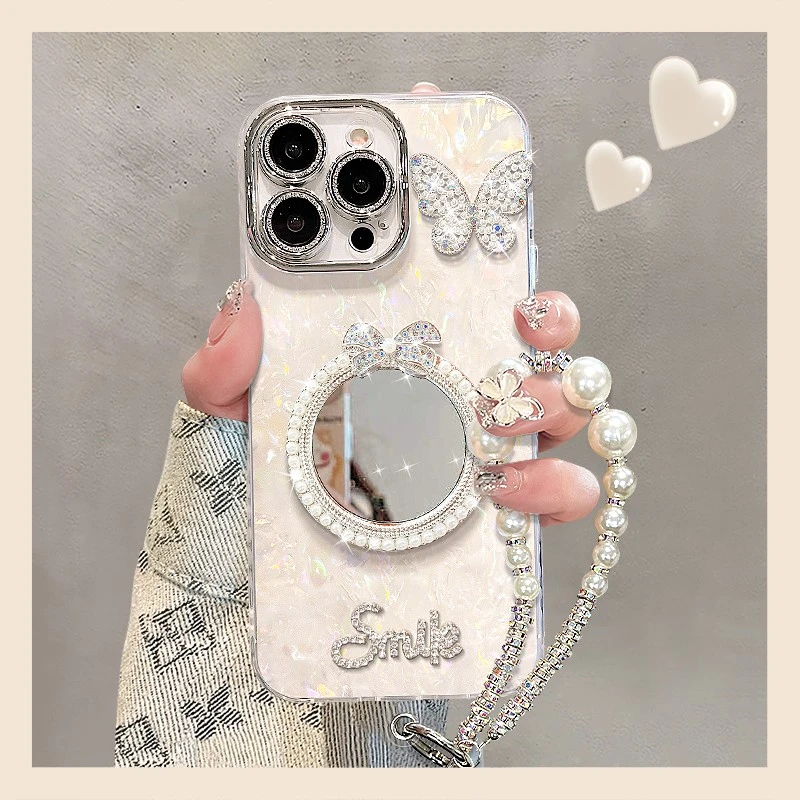 珍珠镜子适用苹果vivo华为oppo小米iPhone17精孔贝壳纹手机壳