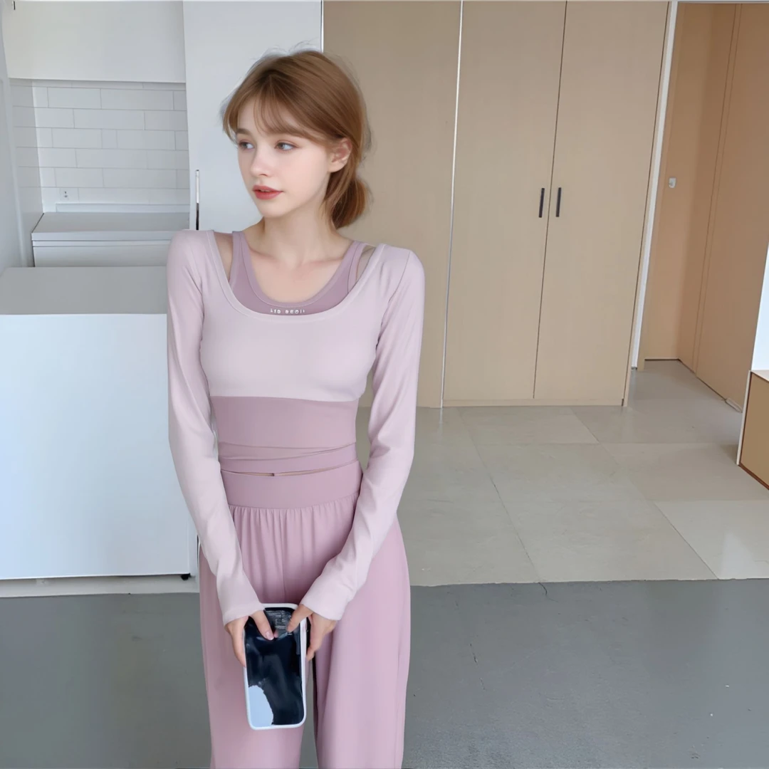 普拉提瑜伽服长袖训练健身上衣运动套装女带胸垫跑步休闲速干长裤