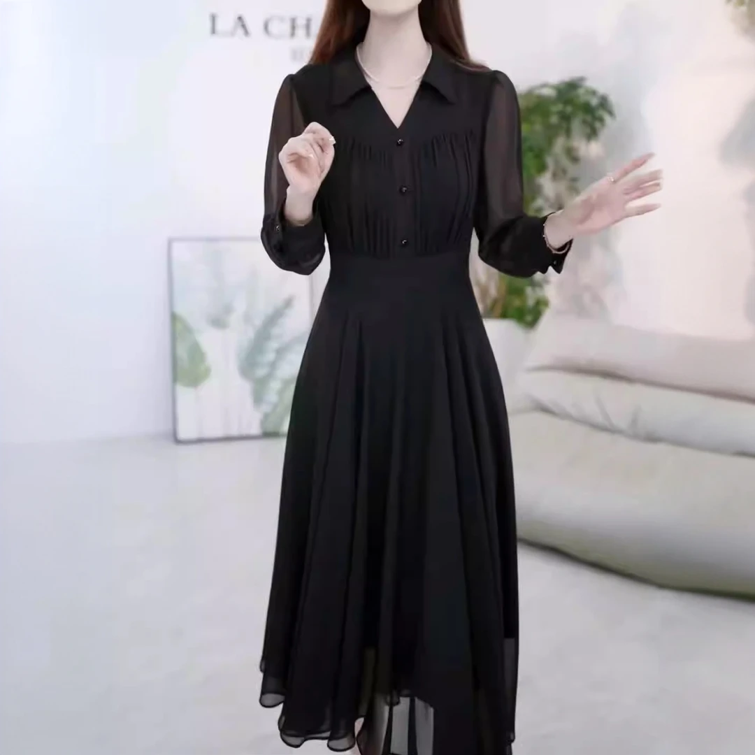 黑色气质长袖连衣裙女春夏春2025新款高端奢华大牌显瘦小黑裙子