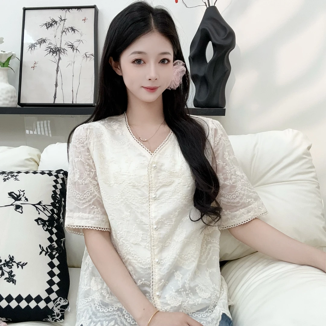 【夏日甜心】夏季新款新中式国风蕾丝短袖小衫
