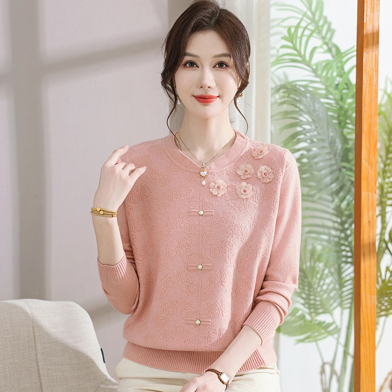 妈妈装春秋季新款长袖针织打底衫套装40到50岁中老年女装洋气上衣