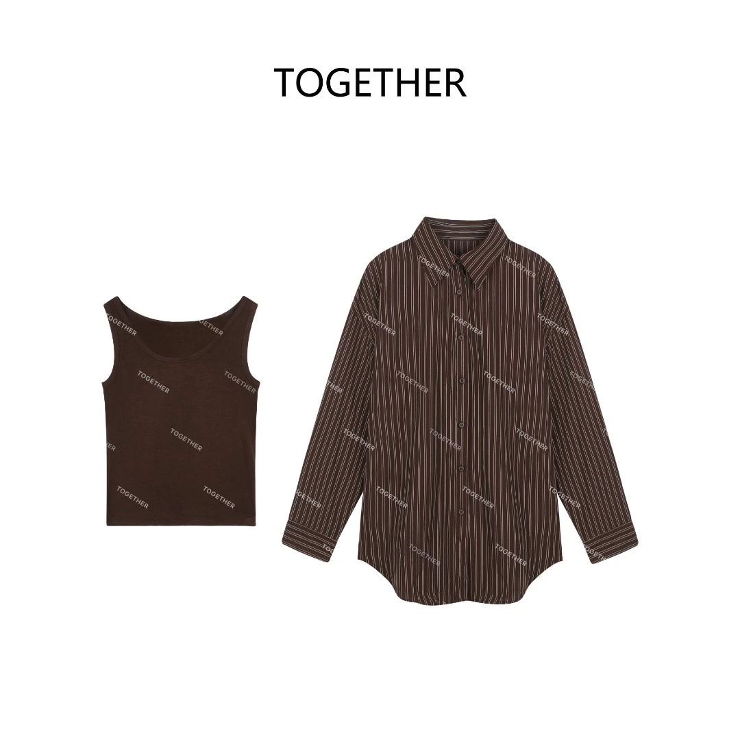 【TOGETHER】·茶颜·秋季条纹字母印花衬衫背心两件套宽松上衣W1977