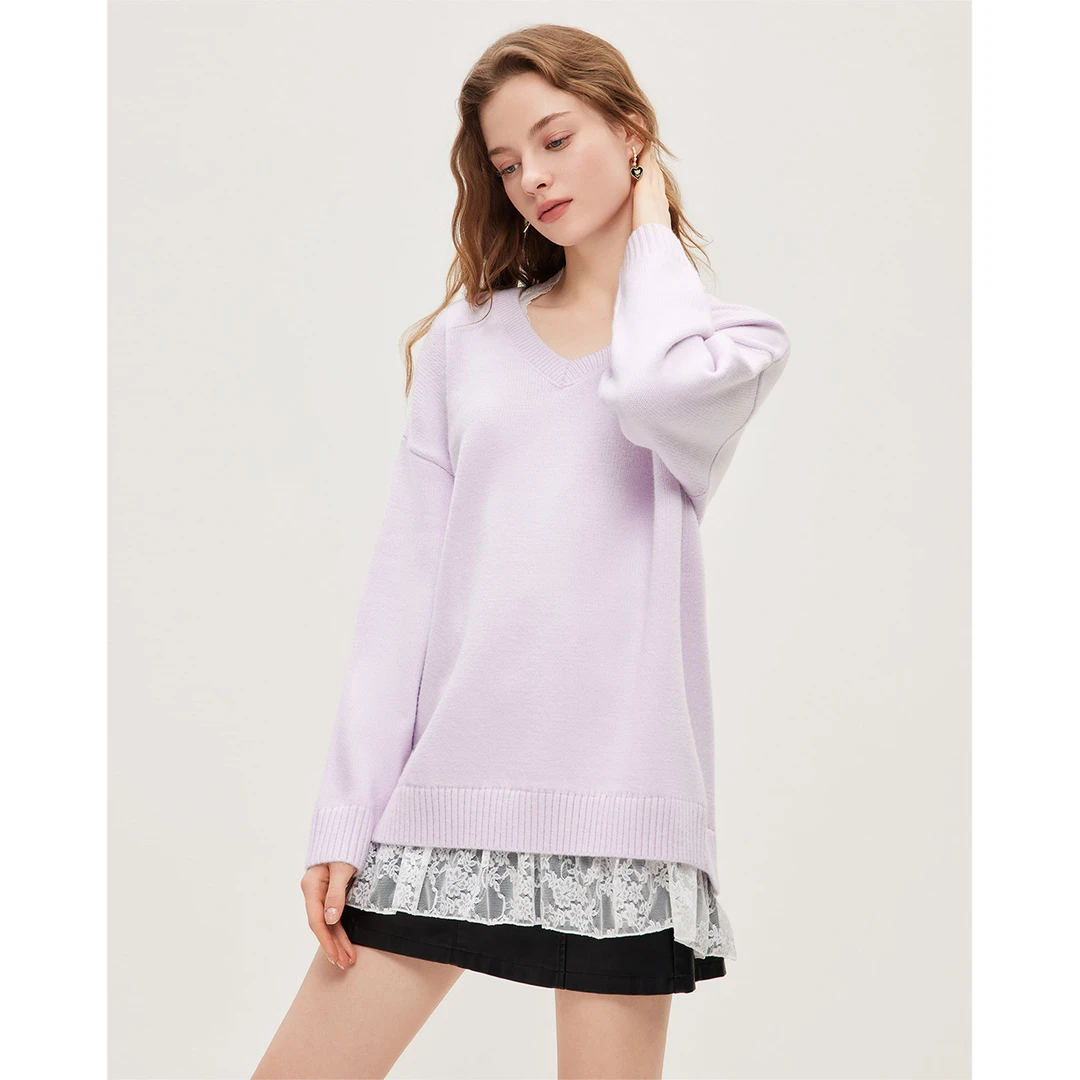 IEF/爱依服2025冬季新款法式纯欲风蕾丝拼接设计宽松毛织中上衣