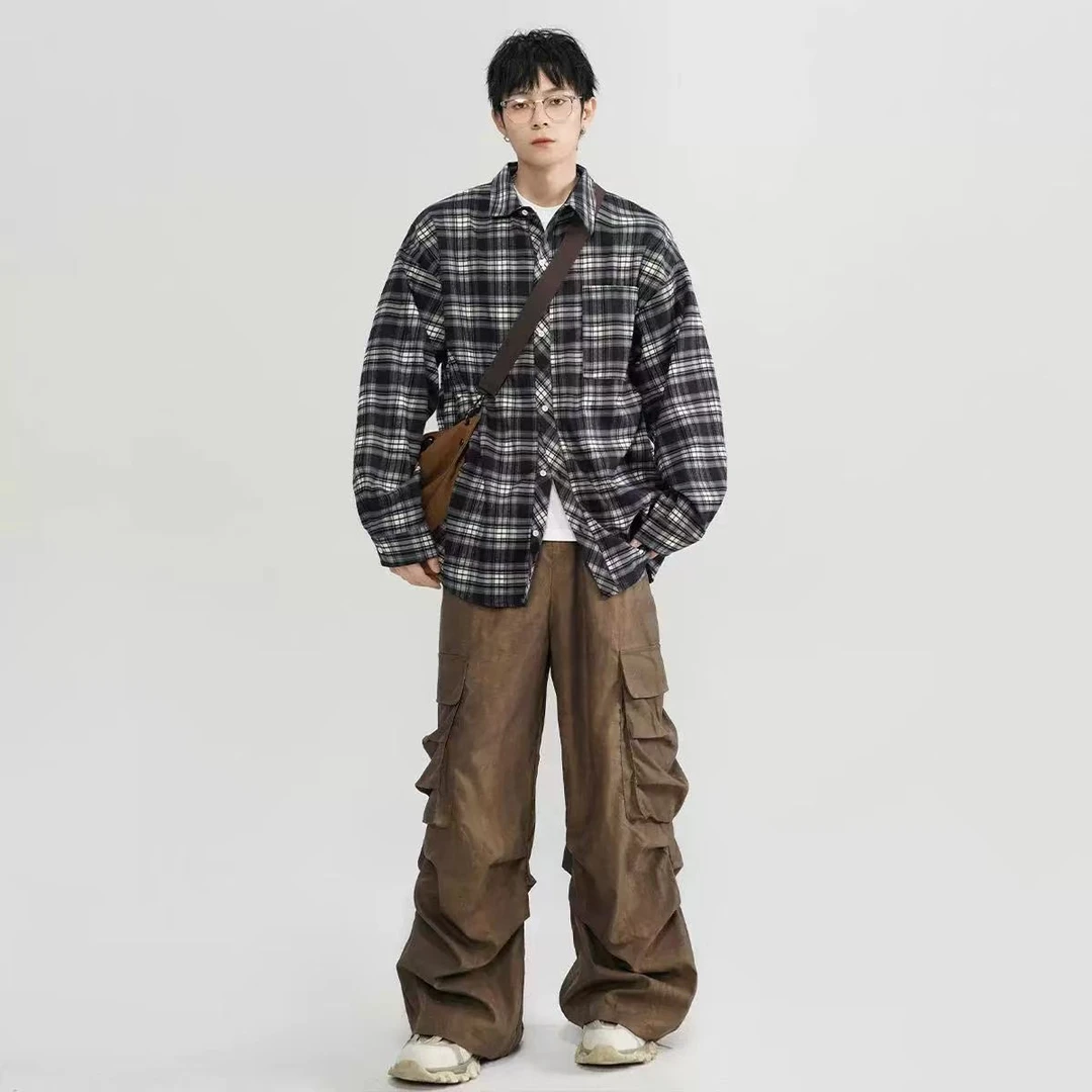 教父衬衫高级感痞帅男美式复古格子男女春季潮牌春季-336