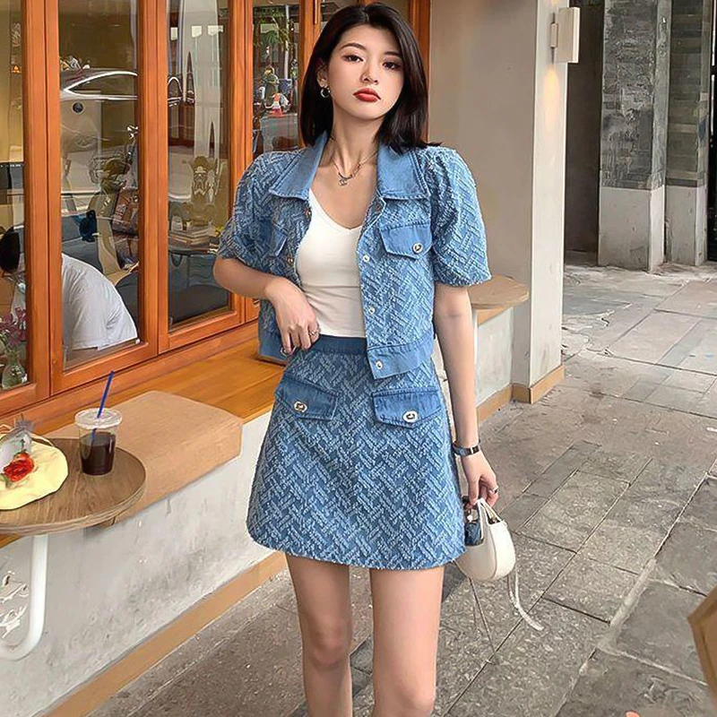 名媛小香风牛仔半身裙套装女夏季新款小个子减龄时尚高级感两件套