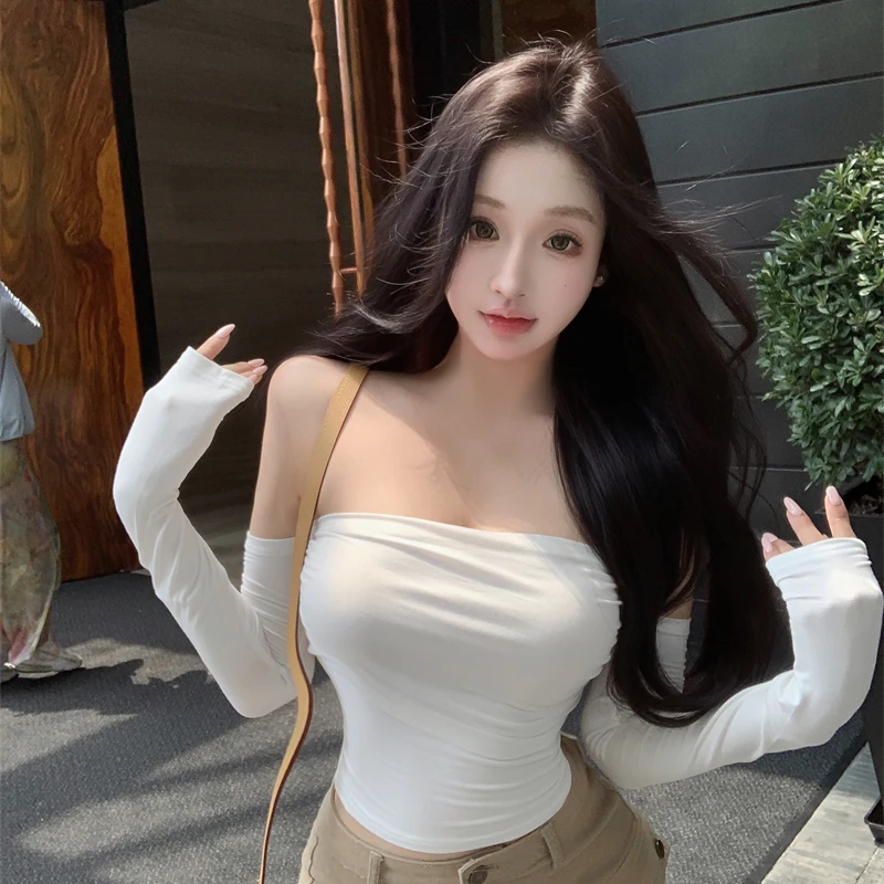 【纯欲入侵】百搭辣妹修身短款白色一字肩修身显胸T恤显瘦小上衣
