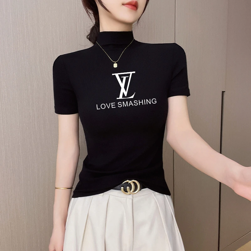莫代尔半高领黑色字母印花薄款冰丝短袖t恤女夏季修身显瘦上衣潮