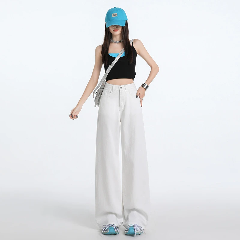 时尚白色新款牛仔裤女士夏季爆款高腰2025宽松显瘦无弹直筒通勤风