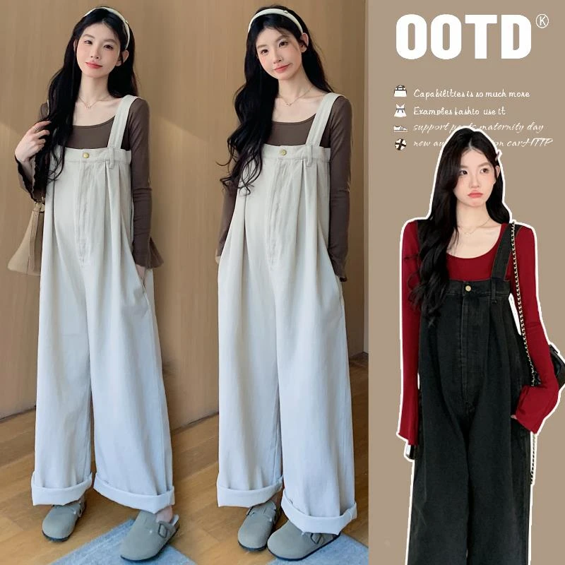 孕妇装套装春季2025新款韩版时尚宽松牛仔背带裤长袖打底衫两件套