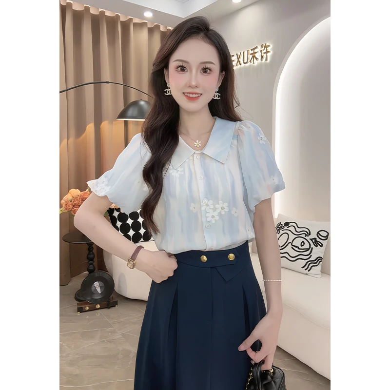 【柏林花事】短袖衬衫女2024夏季新款设计感泡泡袖温柔显瘦上衣