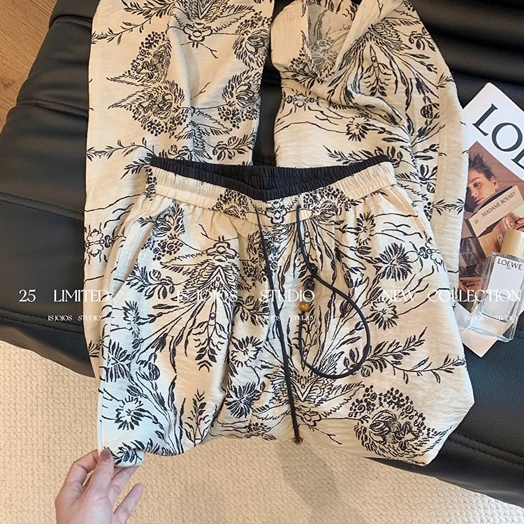 新中式水墨印花直筒休闲裤女2025夏季新款慵懒垂感拖地薄款阔腿裤