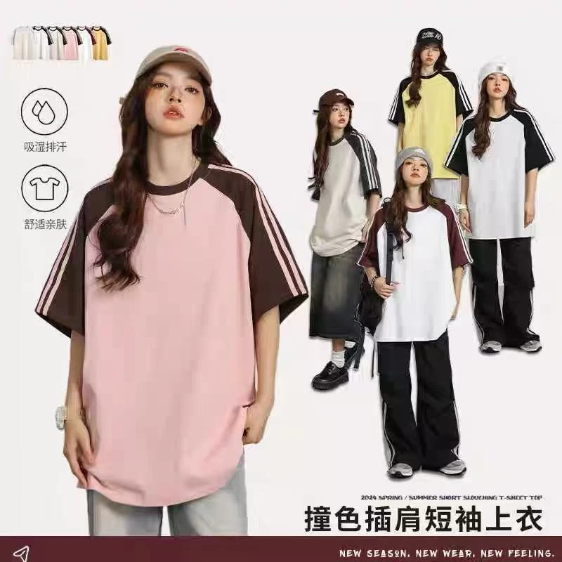 【插肩条纹】美式复古 ins潮牌卡通短袖男女情侣宽松百搭T恤