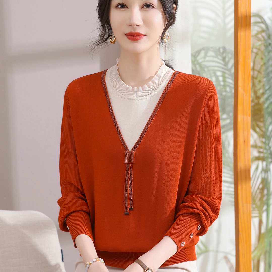 中年妈妈秋装洋气冰丝长袖小衫中老年女装春夏针织打底T恤上衣服