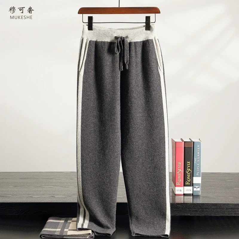 秋冬加厚山羊绒直筒裤男士撞色宽松弹力中高腰休闲裤保暖运动长裤
