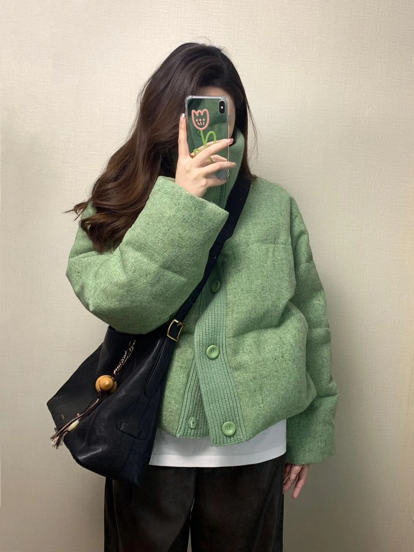 绿色减龄通勤短款翻领棉衣棉服外套设计感小众气质上衣2024秋冬季