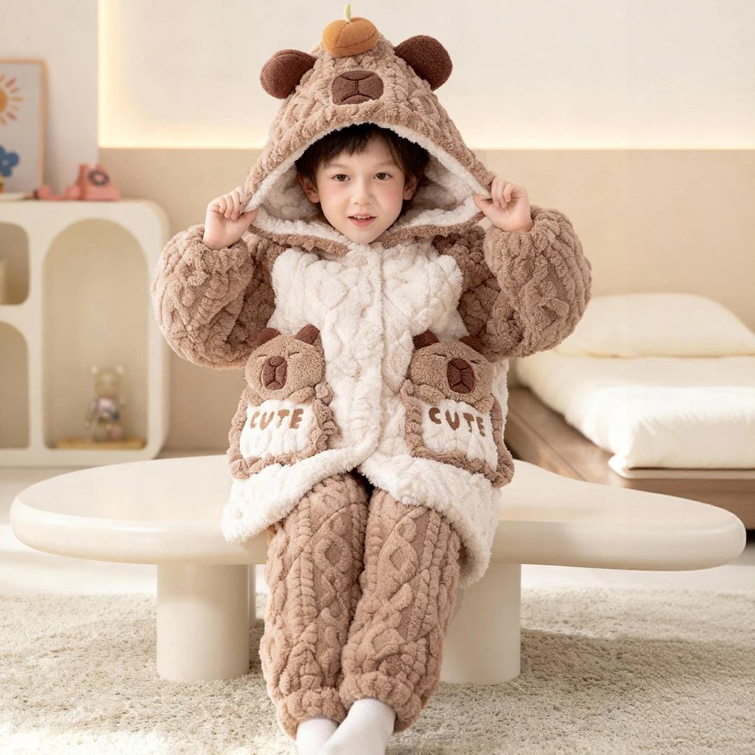 三层夹棉冬季儿童新款睡衣法兰绒男童加绒加厚12岁连帽学生家居服