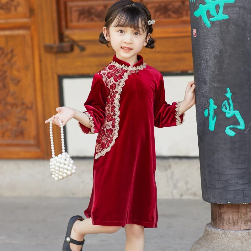 儿童旗袍中国风复古花边丝绒旗袍女童连衣裙秋季新款儿童古风唐装