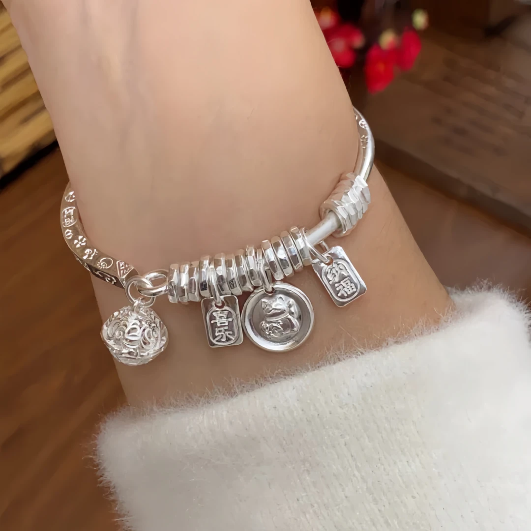 足银手镯 吉言盘缠手镯纯银999.9宫铃招财猫盘缠银手镯新中式实心