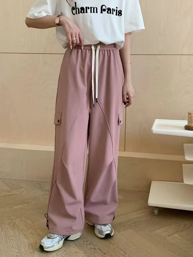 8610美式加绒多口袋裤新款男女同款时尚高腰宽松百搭抽绳工装裤