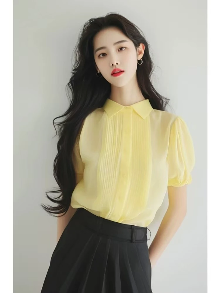 别致漂亮小衫法式通勤职场穿搭上衣时尚显瘦淑女气质黄色衬衫女夏