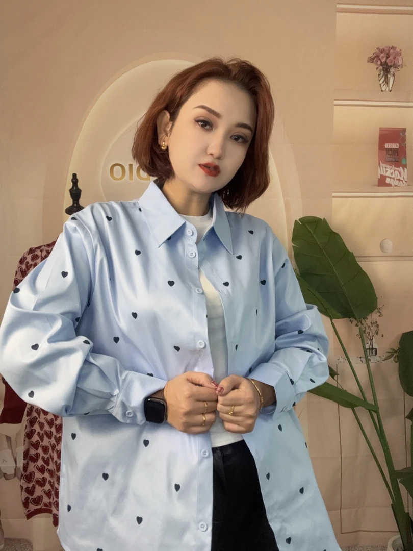 韩版爱心印花长袖衬衫女早秋2024新款防晒气质时尚宽松百搭上衣潮