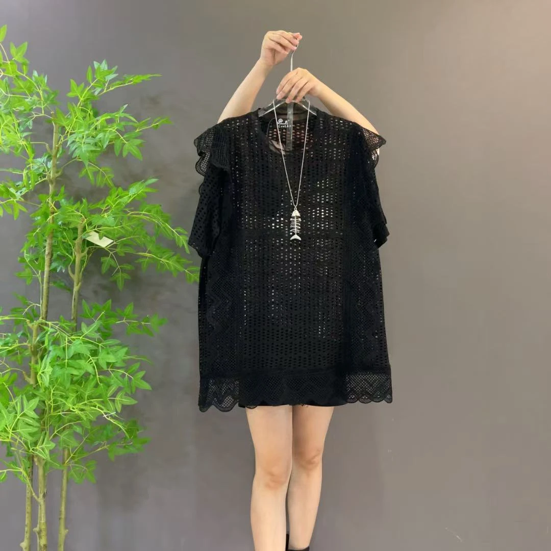 25299大码女装夏季时尚韩版洋气圆领镂空短袖大衫百搭显瘦女人衫