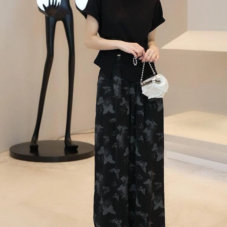 夏装搭配一整套时尚新中式别致开叉设计短袖t恤女蝴蝶印花阔腿裤